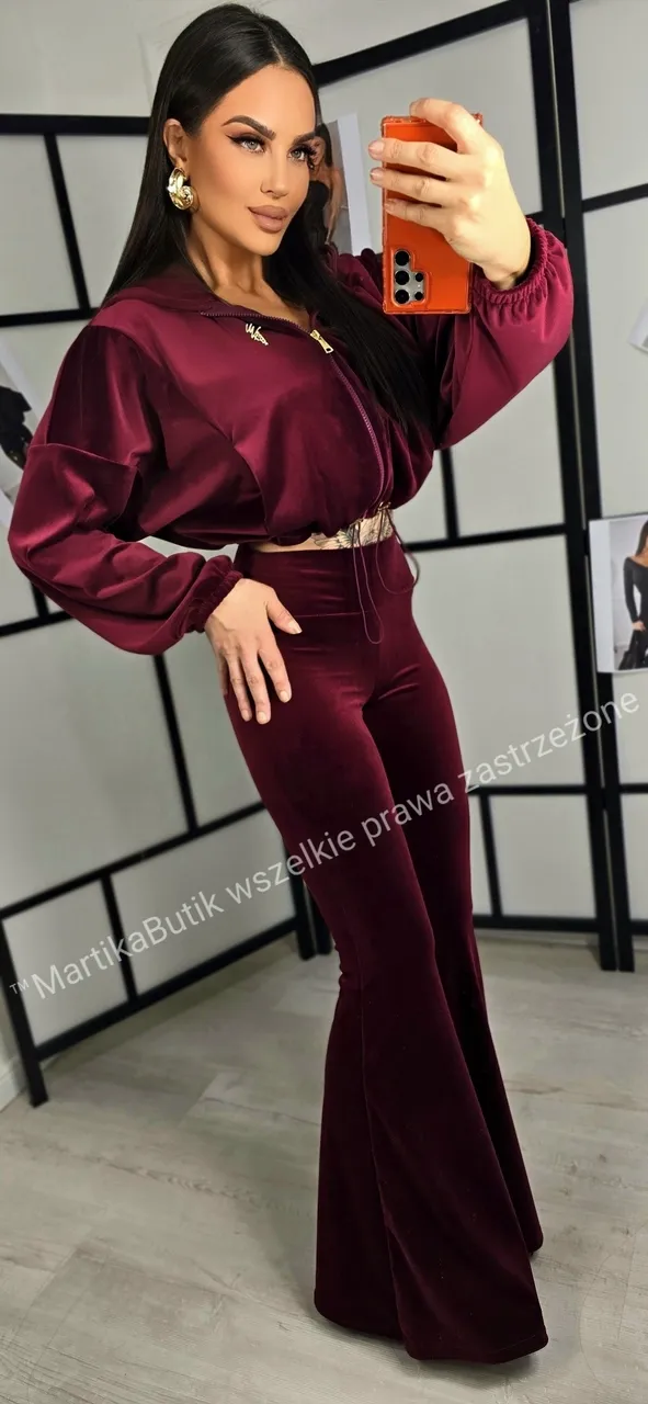 Dres welurowy VELVET dzwony bordo